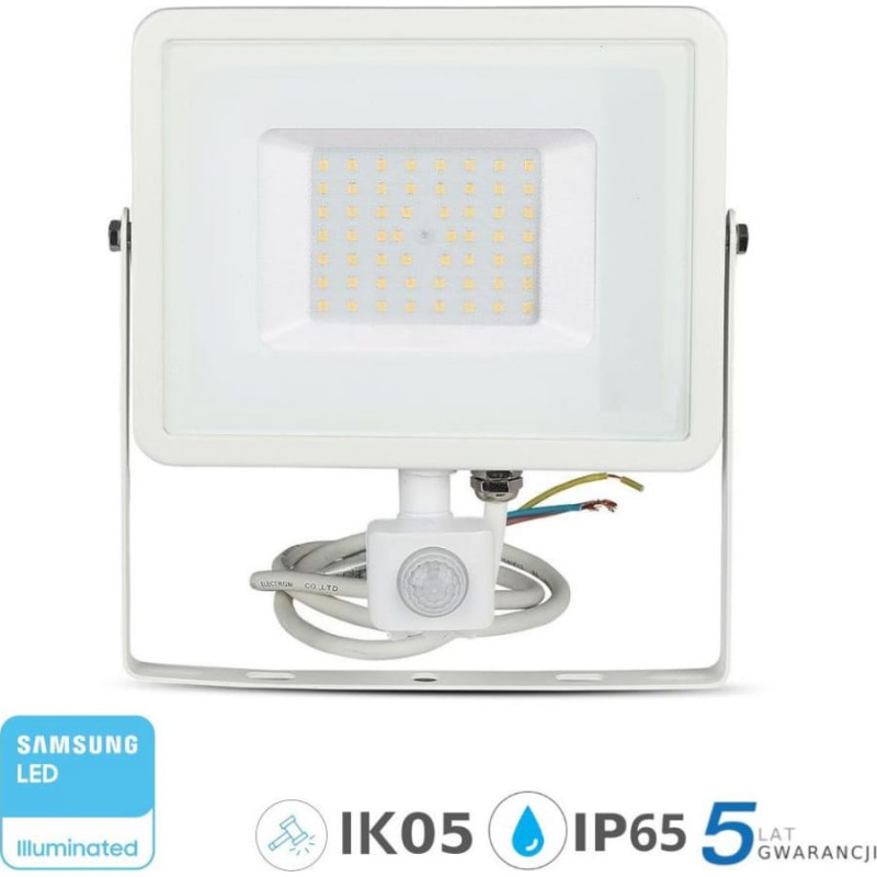 V-Tac Naświetlacz V-TAC Projektor LED 50W 4000lm 6400K Dioda SAMSUNG z czujnikiem ruchu PIR Biały IP65 468