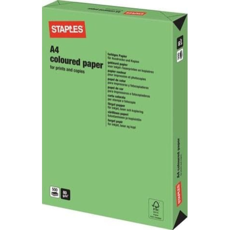 Staples STAPLES Papier kolorowy INTENSIVE COLOURS A4 80G, zielony/deep green, ryza 500 arkuszy