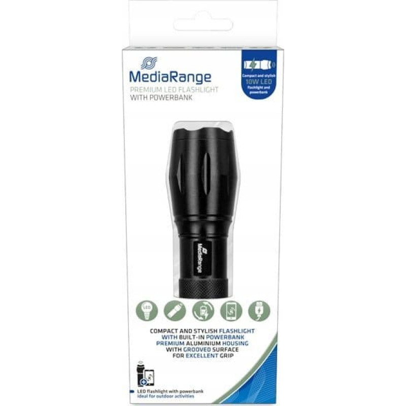 Mediarange Latarka MediaRange MediaRange LED Taschenlampe mit Powerbank 1800mAh Akku, sw