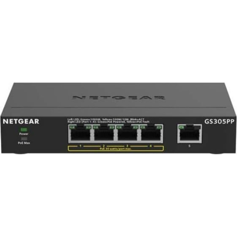 Netgear Switch NETGEAR GS305P PoE+ Gigabit Ethernet Unmanaged Plus Switch, 1x 1G Ethernet Port, 4x 1G PoE+ Ethernet Ports (83W)