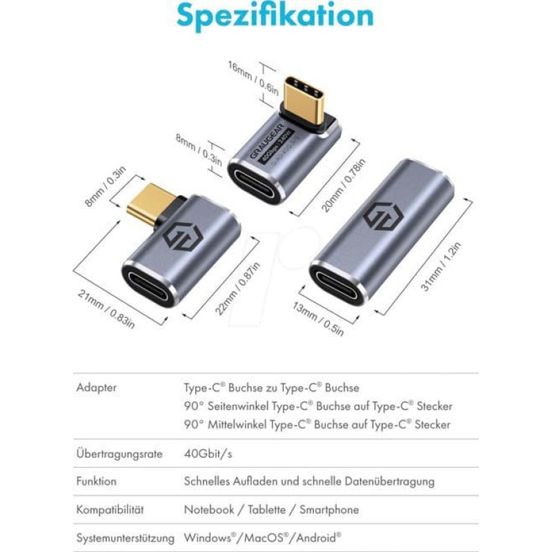 Graugear Adapter USB Graugear GRAUGEAR 40Gbps USB-C Adapter Aluminium 3er Pack