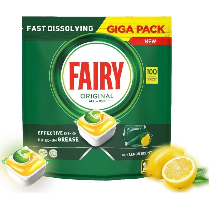 Fairy Fairy Original All in One Lemon – Kapsułki do zmywarki, cytrynowy zapach – 100 sztuk