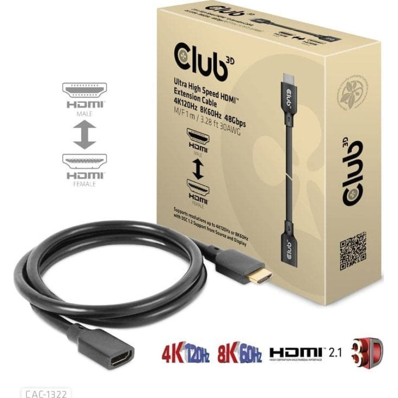 Club 3D Kabel Club 3D Club3D prodlužovací HDMI kabel, 4K120Hz, 8K60Hz, 48Gbps, M/F, 1m