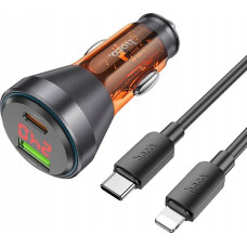 Hoco Ładowarka Hoco HOCO ładowarka samochodowa USB A + Typ C z wyświetlaczem + kabel Typ C do Lightning PD QC3.0 3A 48W NZ12B transparentna pomarańczowa